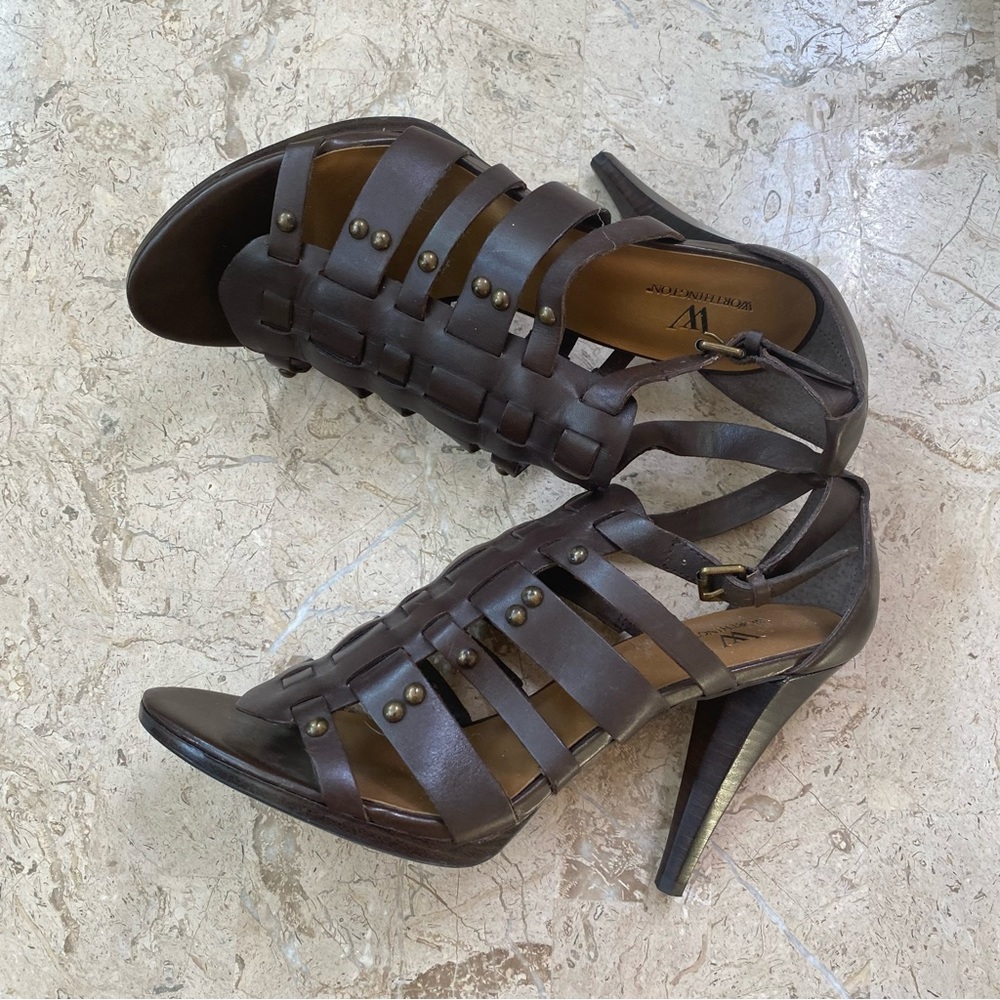 Brown Leather High Heel Open Toe Caged Elegant Sandal Worthington Size 9